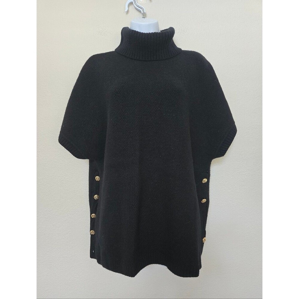 St John High Neck Wool Cashmere Black Poncho Pullover Sweater Size XL Classic
